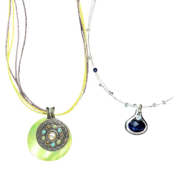 Lia Sophia Necklace Lot Of 2 - Baja Blue Pendant - Meadow Green Shell Cord‎ Boho - Picture 1 of 8